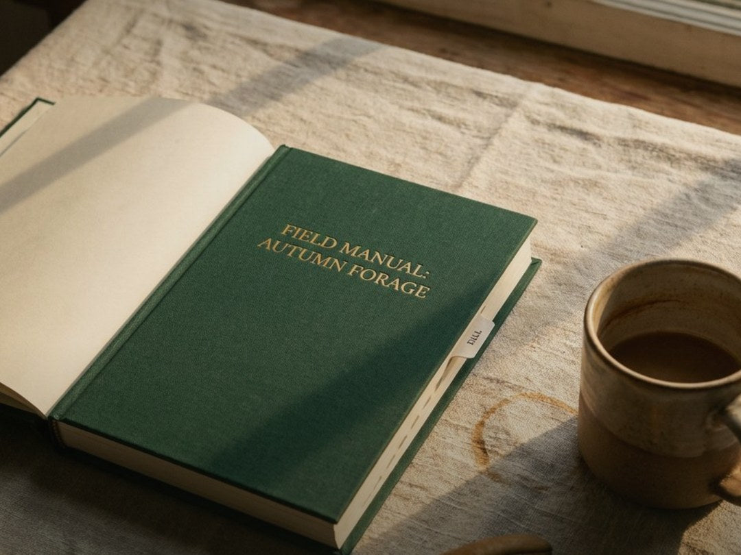 A green cloth field manual open on a table beside a cup of coffee