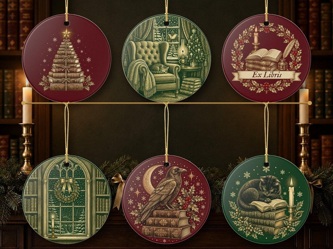 Six bookish ceramic Christmas ornaments hanging in a library