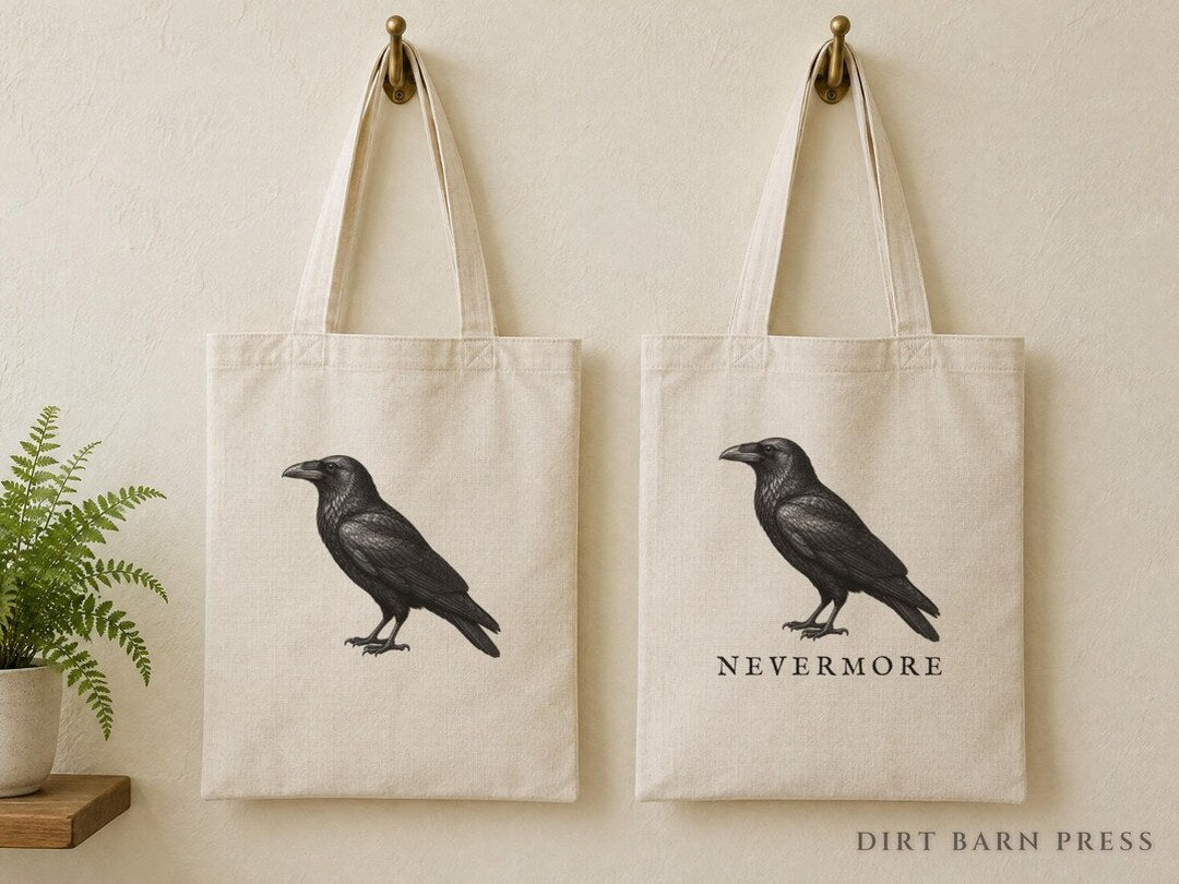 Two raven engraving tote bags, one with Nevermore