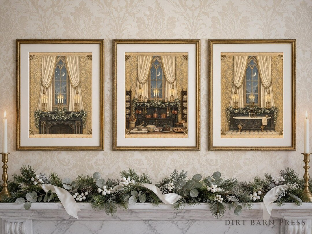 Three cream Victorian Christmas prints above a white marble mantel