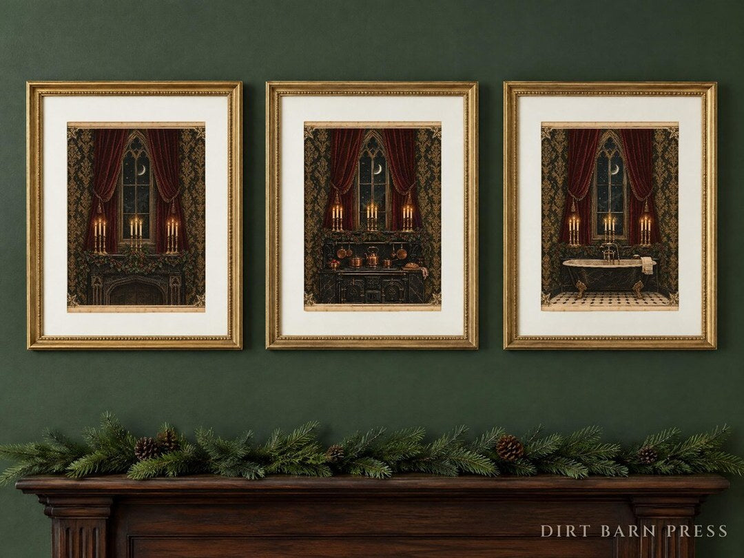 Three Victorian Christmas parlour prints in gilt frames over a garlanded mantel